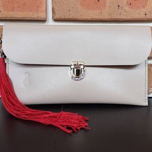 Taupe Leather Clutch with Red Suede Lining